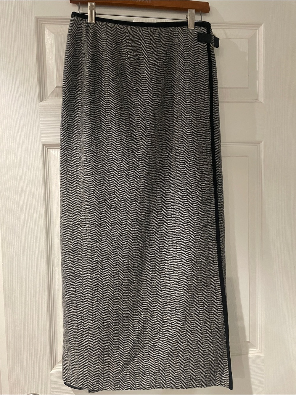 Talbots Black and White Herringbone Maxi Skirt, Velvet Side Trim, Equestrian